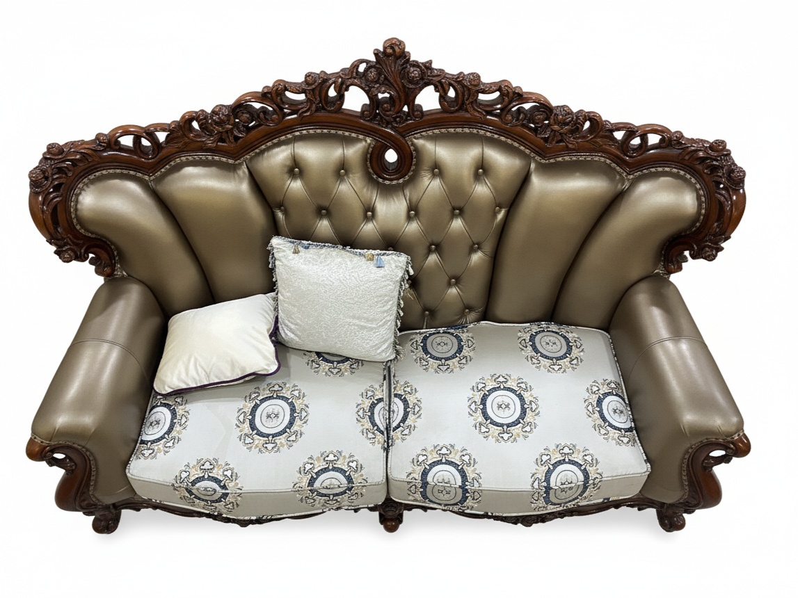 Regal Carved Wood & Bronze Leather Sofa Set Living Room thumbnail 3