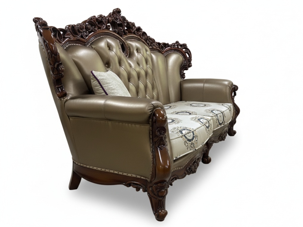 Regal Carved Wood & Bronze Leather Sofa Set Living Room thumbnail 4