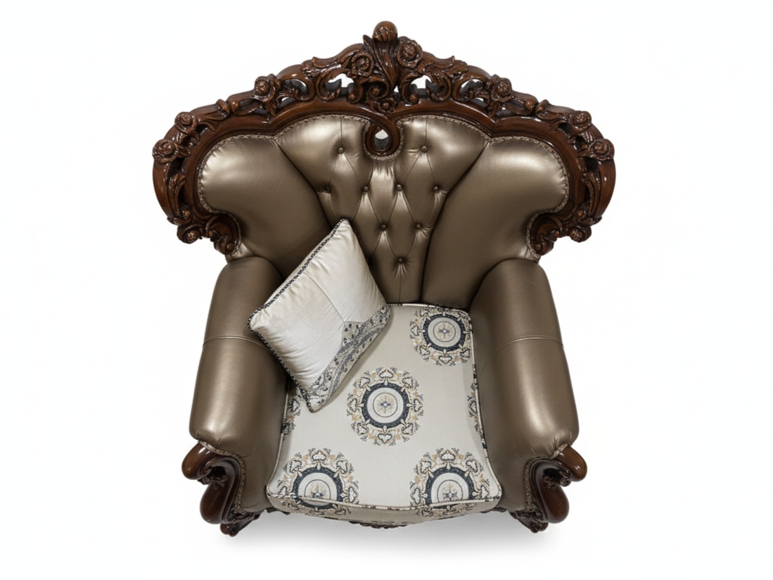 Regal Carved Wood & Bronze Leather Sofa Set Living Room thumbnail 5