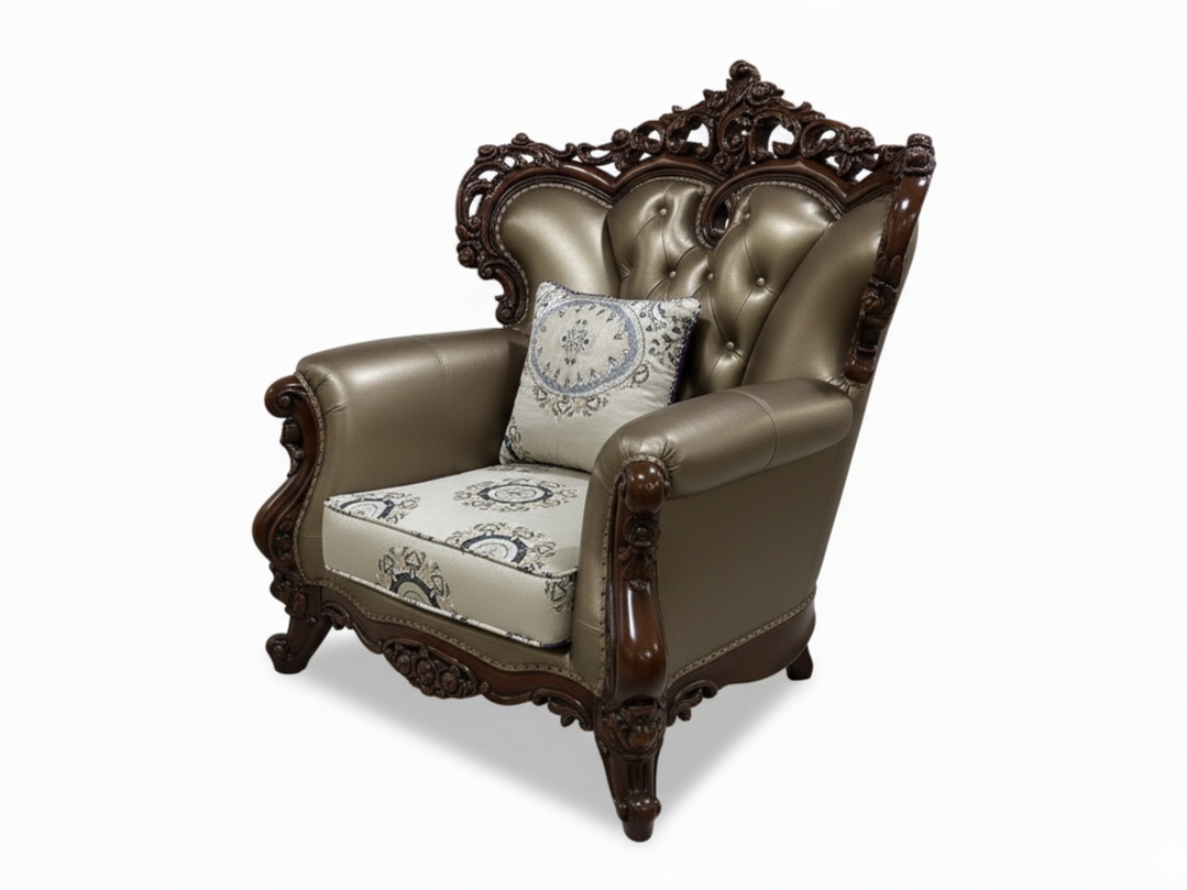 Regal Carved Wood & Bronze Leather Sofa Set Living Room thumbnail 6
