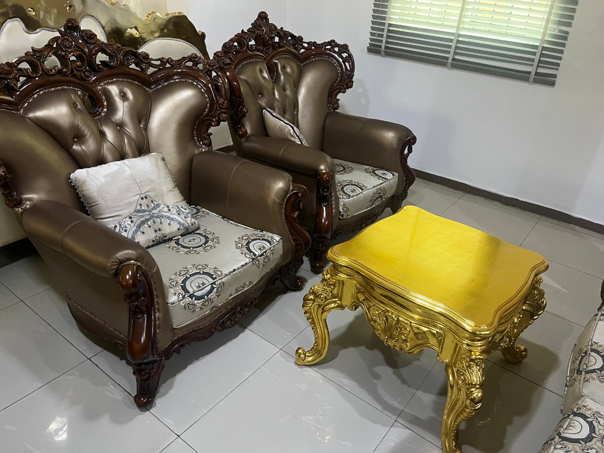 Regal Carved Wood & Bronze Leather Sofa Set Living Room thumbnail 1