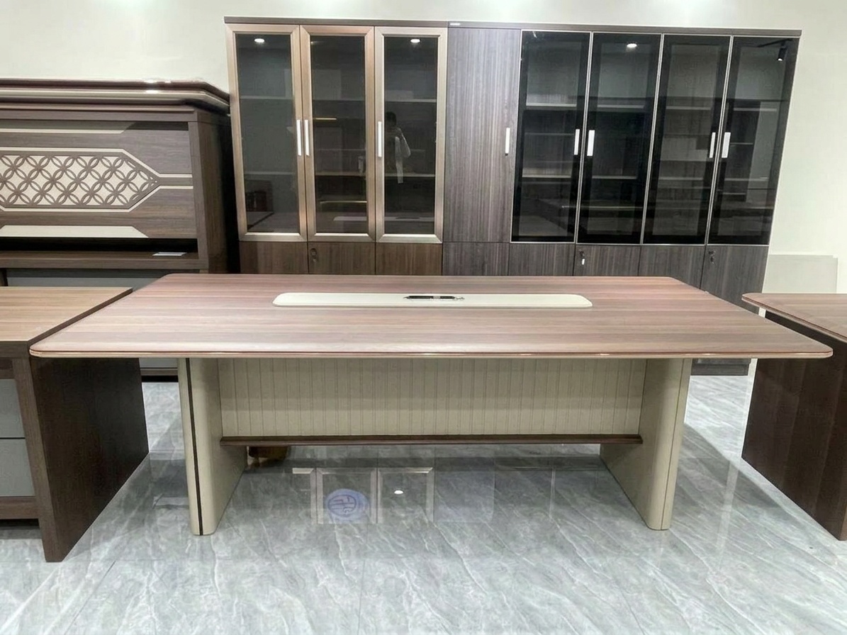 Modern Walnut Wood Conference Table with Fluted Base and Power Integration Conference Table thumbnail 2