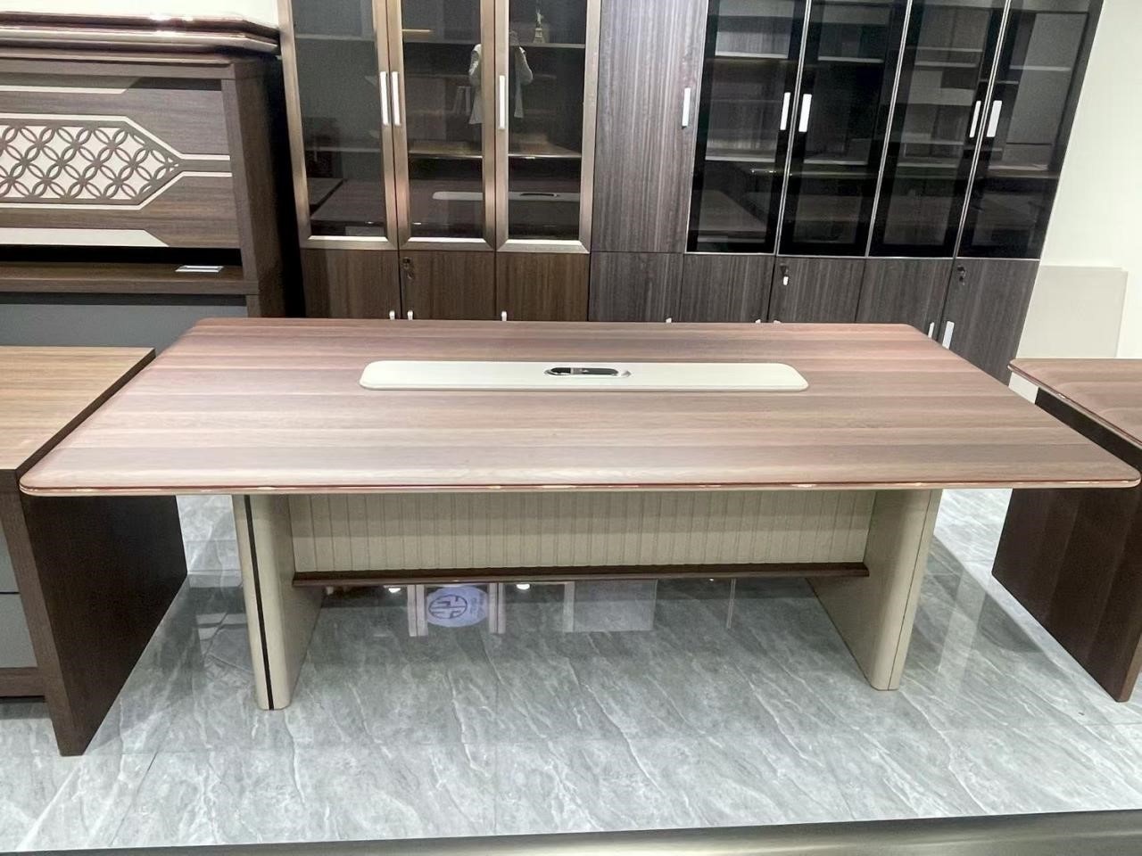 Modern Walnut Wood Conference Table with Fluted Base and Power Integration Conference Table thumbnail 1