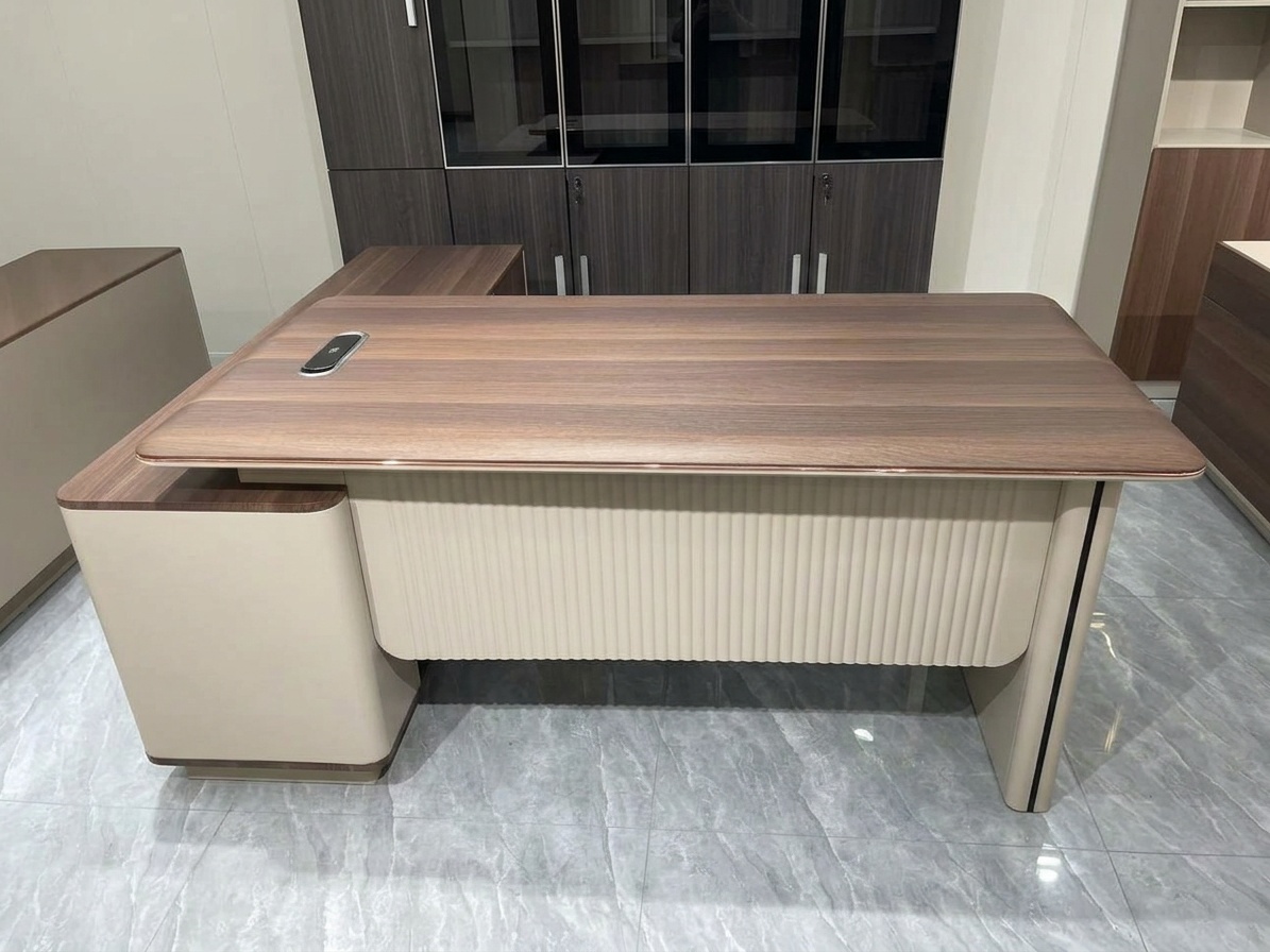 Premium Walnut Wood Executive L-Shaped Desk with Fluted Cream Base