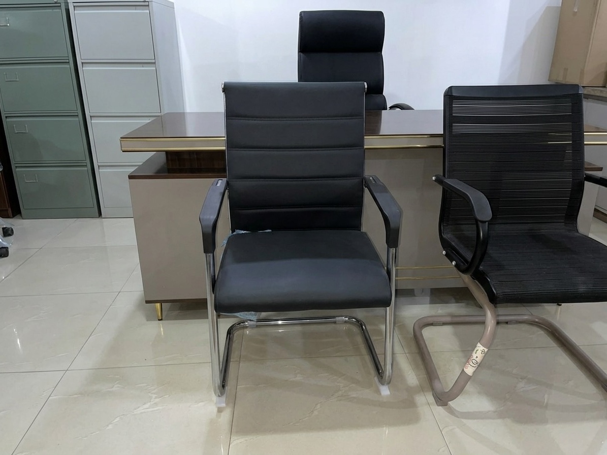 Ergonomic Black Leather Mid-Back Guest Chair with Chrome Sled Base Office Chairs thumbnail 1