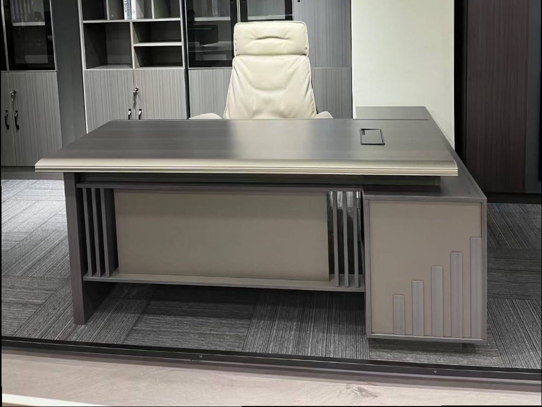 Modern Grey Wood Executive L-Shaped Desk Office Desk thumbnail 1