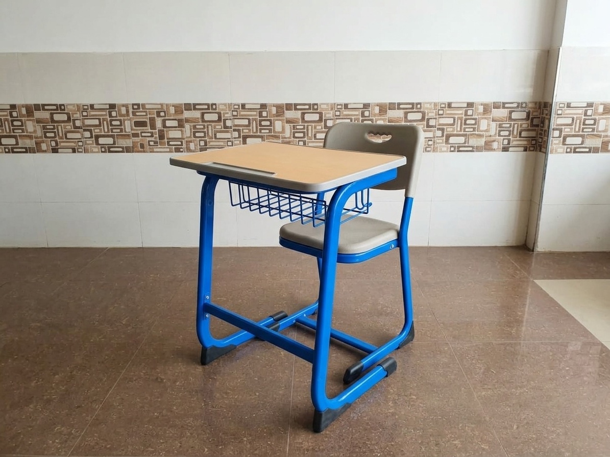 Modern Single Student Desk and Chair Set with Wire Storage Basket
