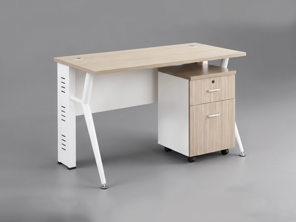 Modern Light Wood Office Desk with K-Form Steel Frame and Mobile Cabinet