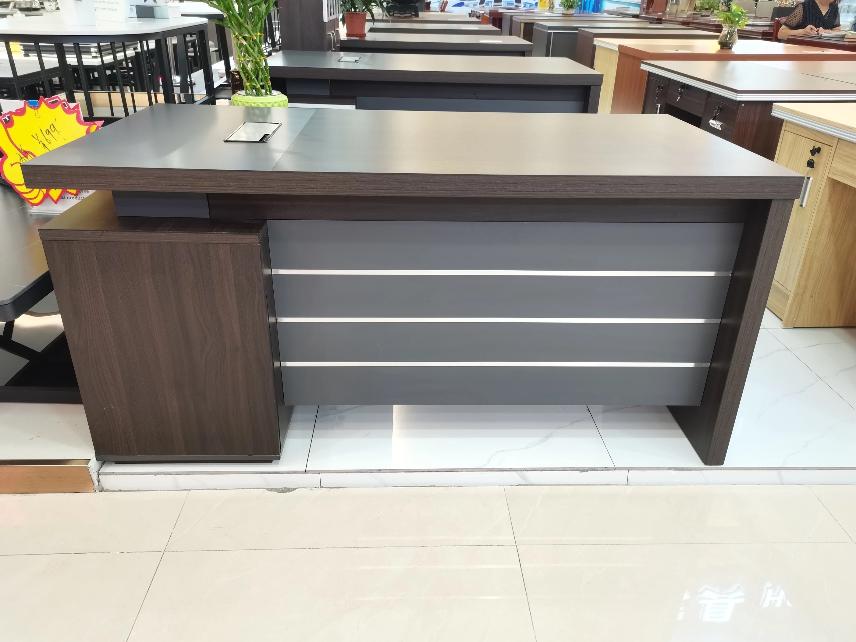 Luxury Dark Walnut Executive Desk with Metallic Accented Modesty Panel Office Desk thumbnail 1