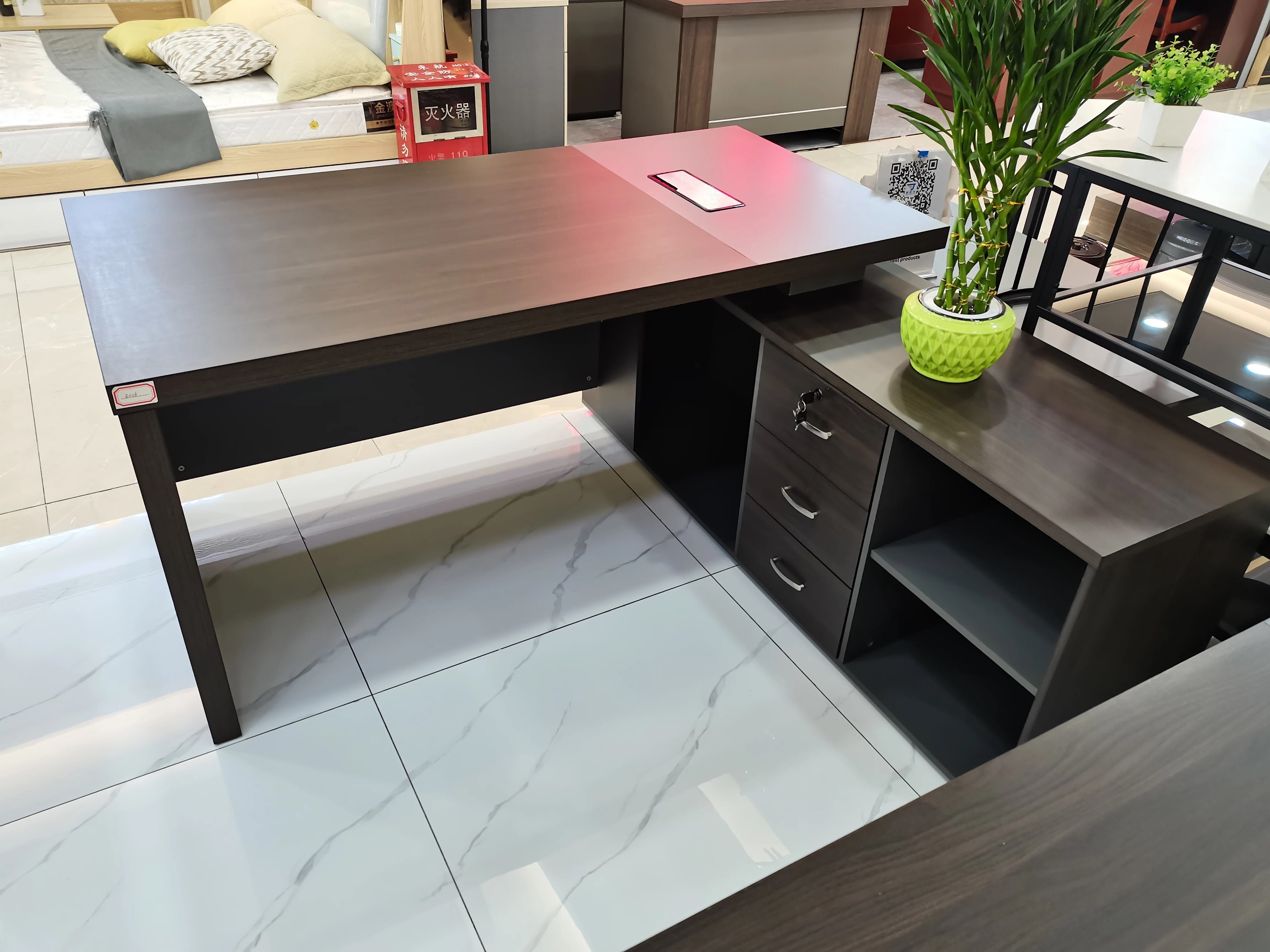 Luxury Dark Walnut Executive Desk with Metallic Accented Modesty Panel Office Desk thumbnail 2