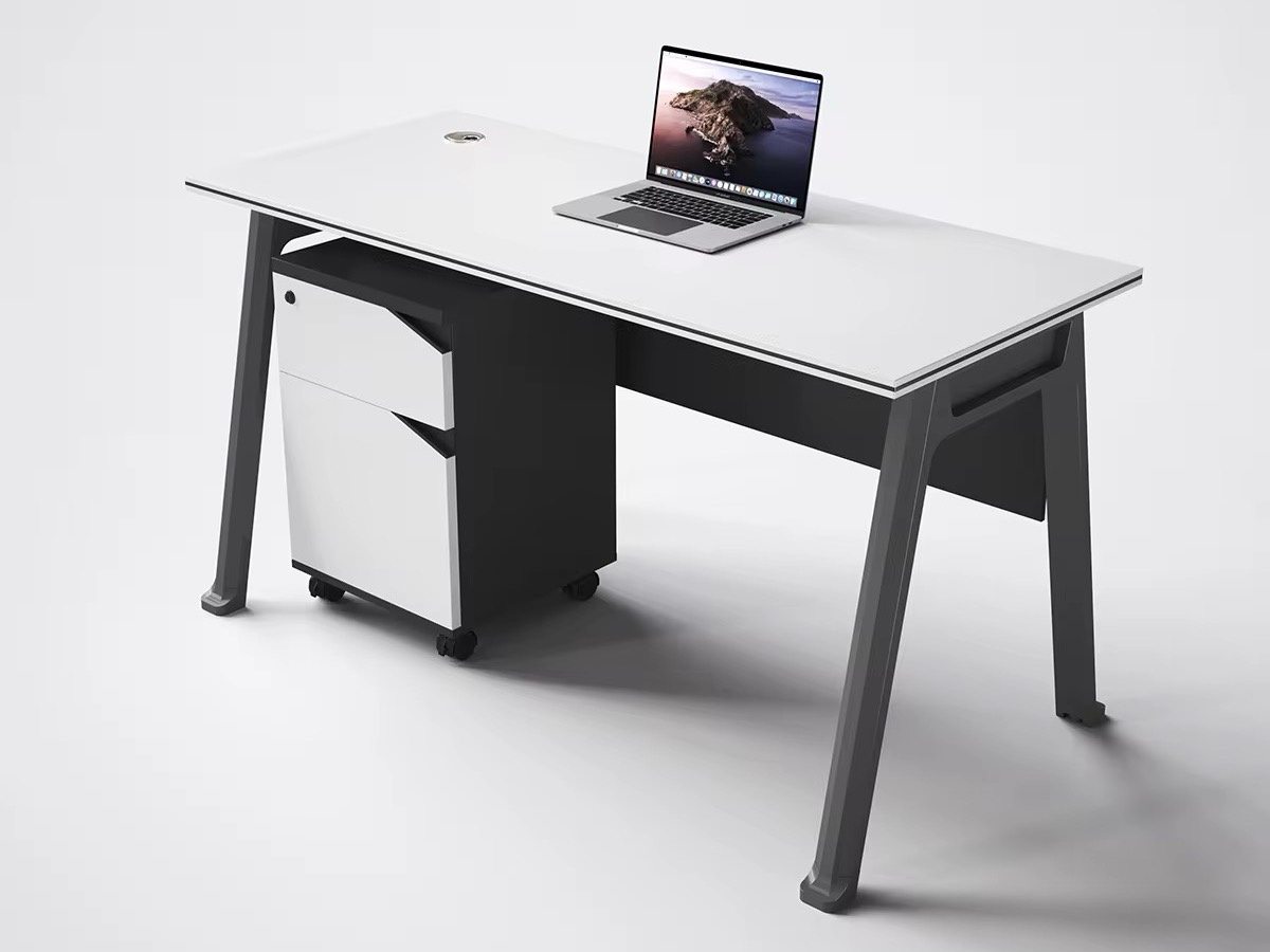 Modern Minimalist White Workstation with A-Frame Legs and Mobile Pedestal Office Desk thumbnail 1