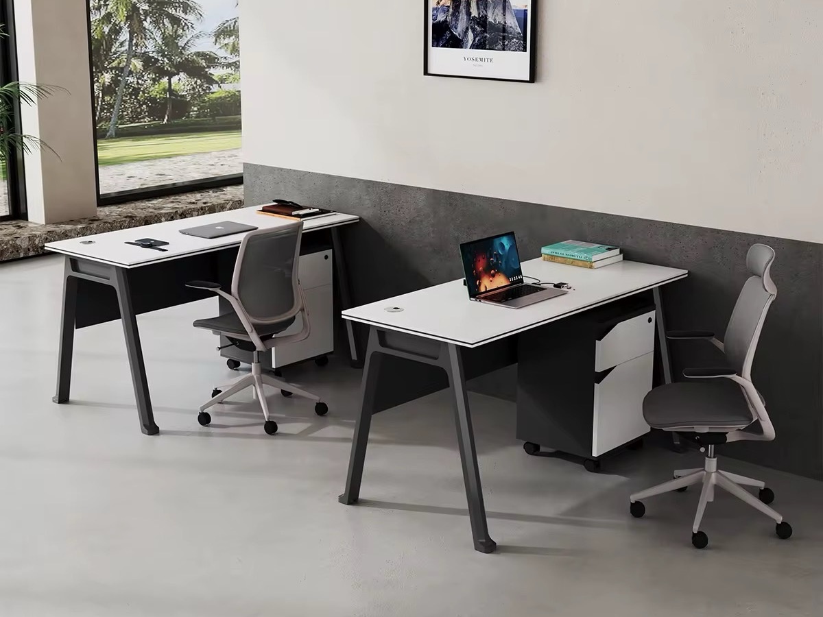 Modern Minimalist White Workstation with A-Frame Legs and Mobile Pedestal Office Desk thumbnail 3