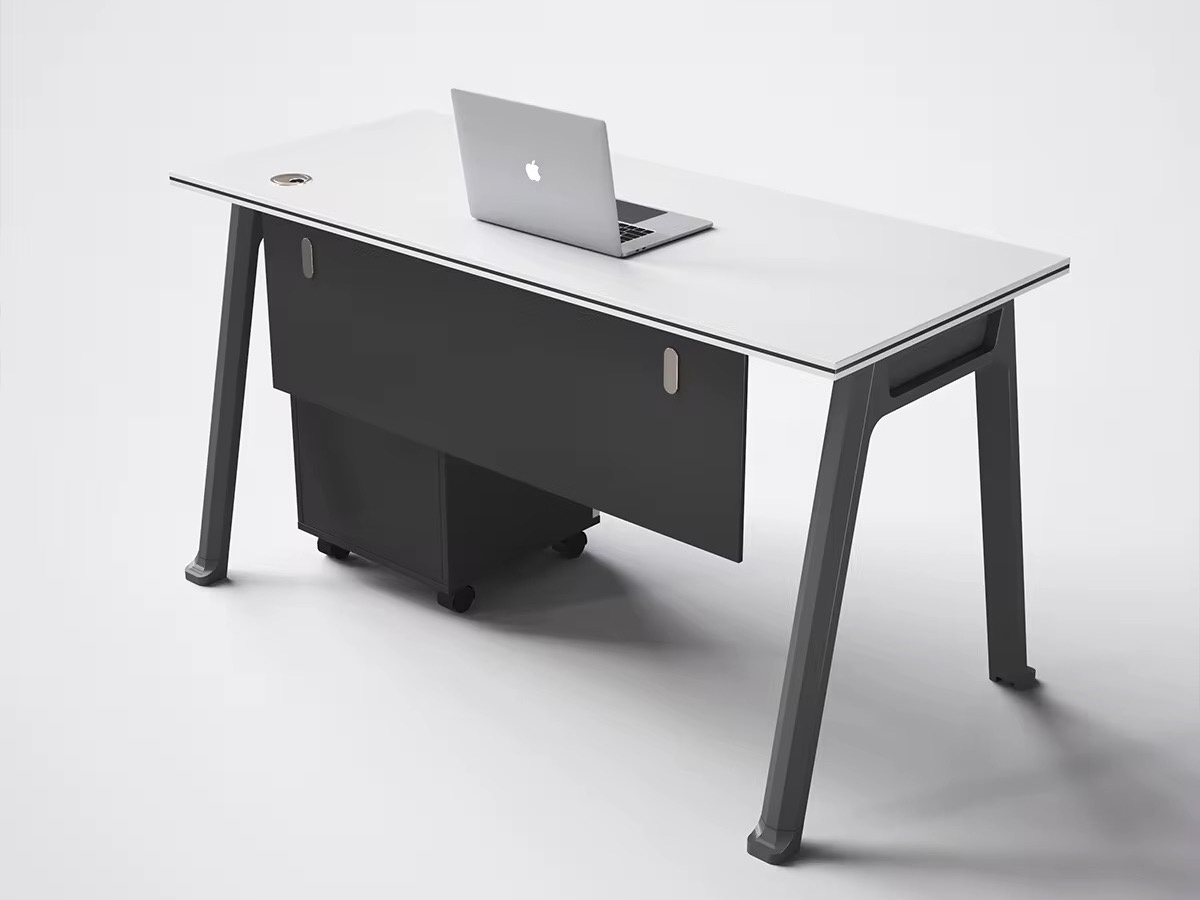 Modern Minimalist White Workstation with A-Frame Legs and Mobile Pedestal Office Desk thumbnail 2