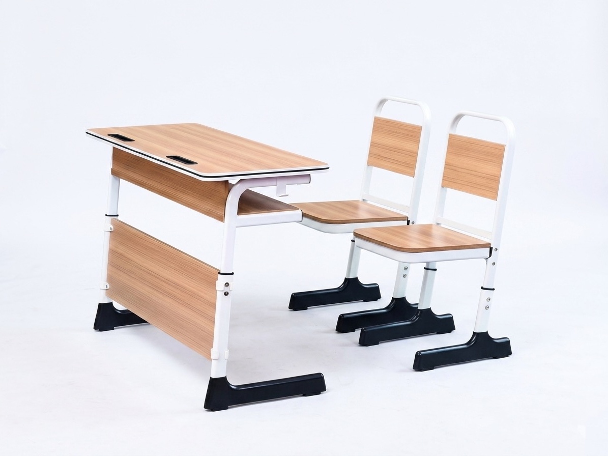 Double Adjustable Light Wood Student Classroom Desk and Chair Set Student Chair thumbnail 1