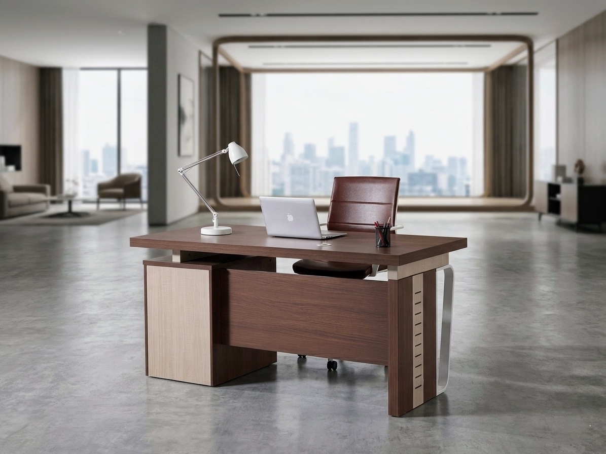 Contemporary Walnut Standard Office Desk with Architectural Metal Leg Office Desk thumbnail 1