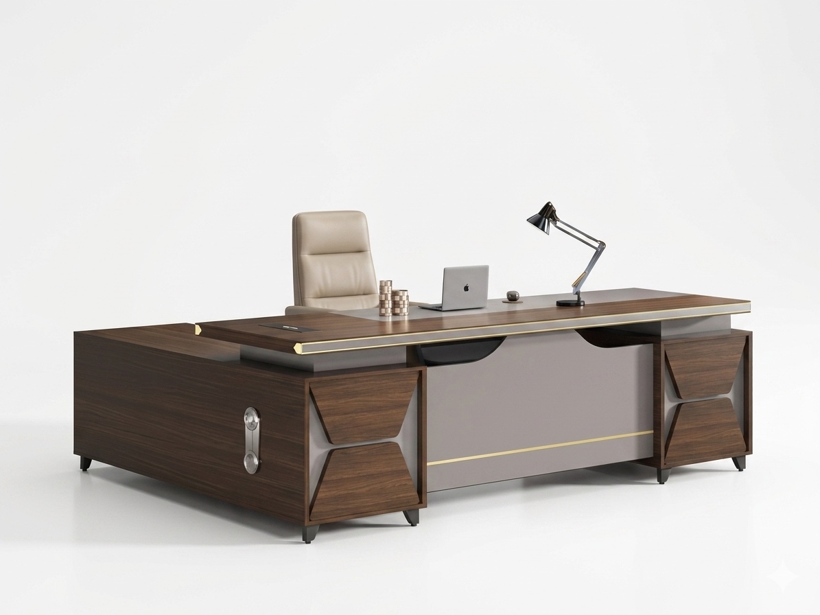 Luxury Dark Walnut Executive Desk with Geometric Accent Panels Office Desk thumbnail 2