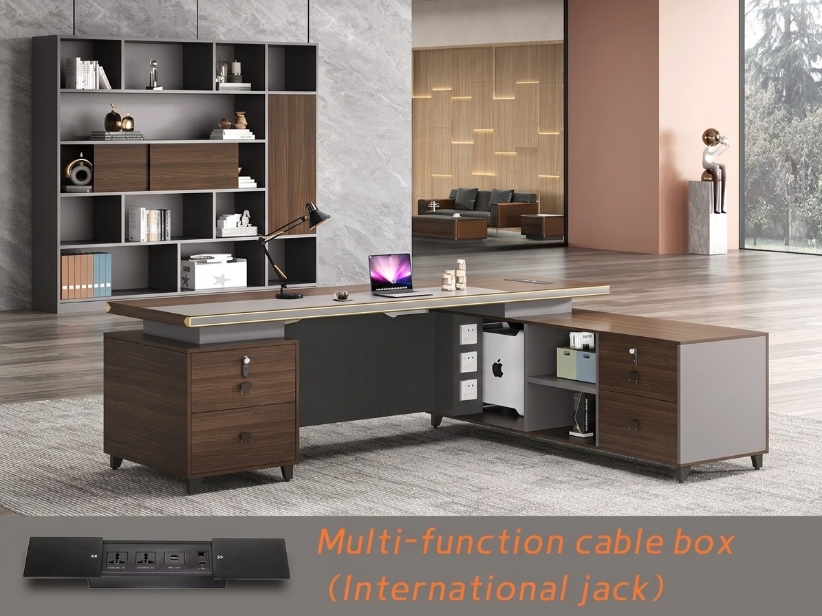 Luxury Dark Walnut Executive Desk with Geometric Accent Panels Office Desk thumbnail 3