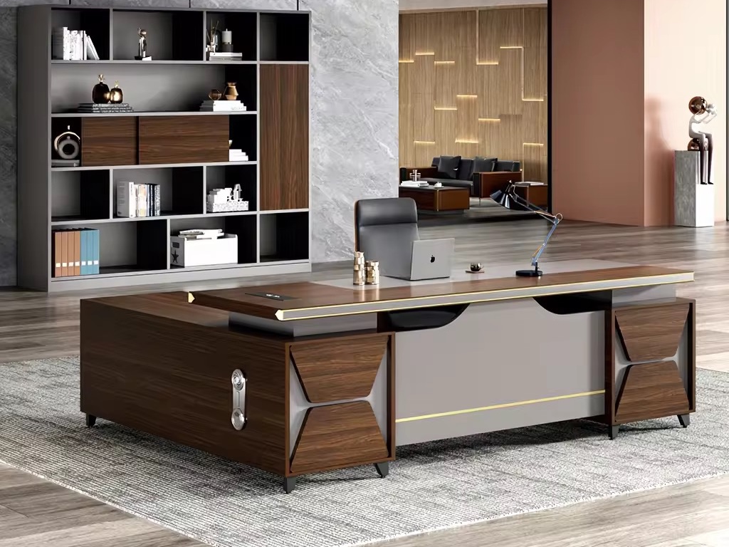 Luxury Dark Walnut Executive Desk with Geometric Accent Panels Office Desk thumbnail 1