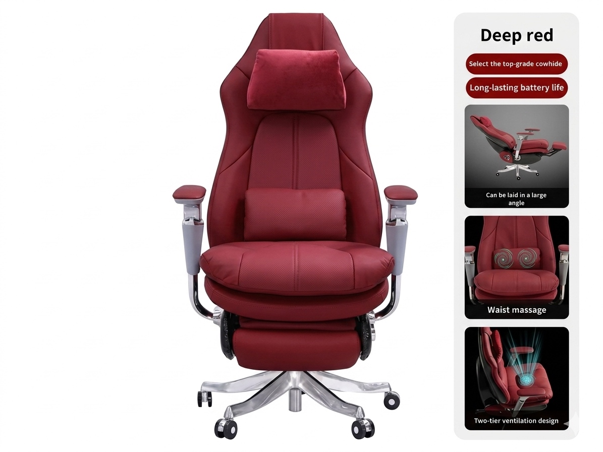 Smart Ergonomic Red Leather Executive Reclining Office Massaging Chair with Footrest Office Chairs thumbnail 3