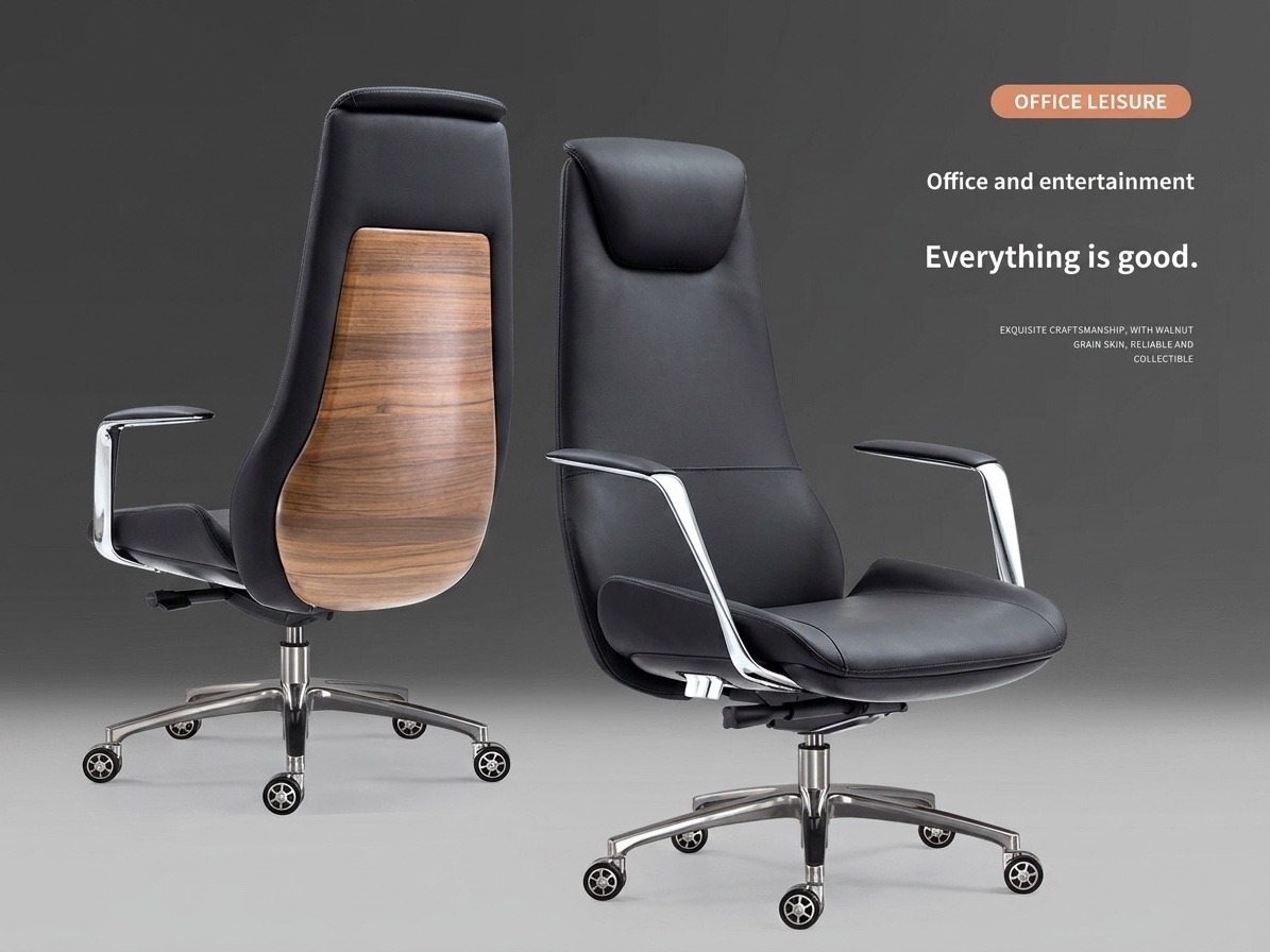 Luxury Walnut Back Executive Leather Office Chair with Chrome Accents