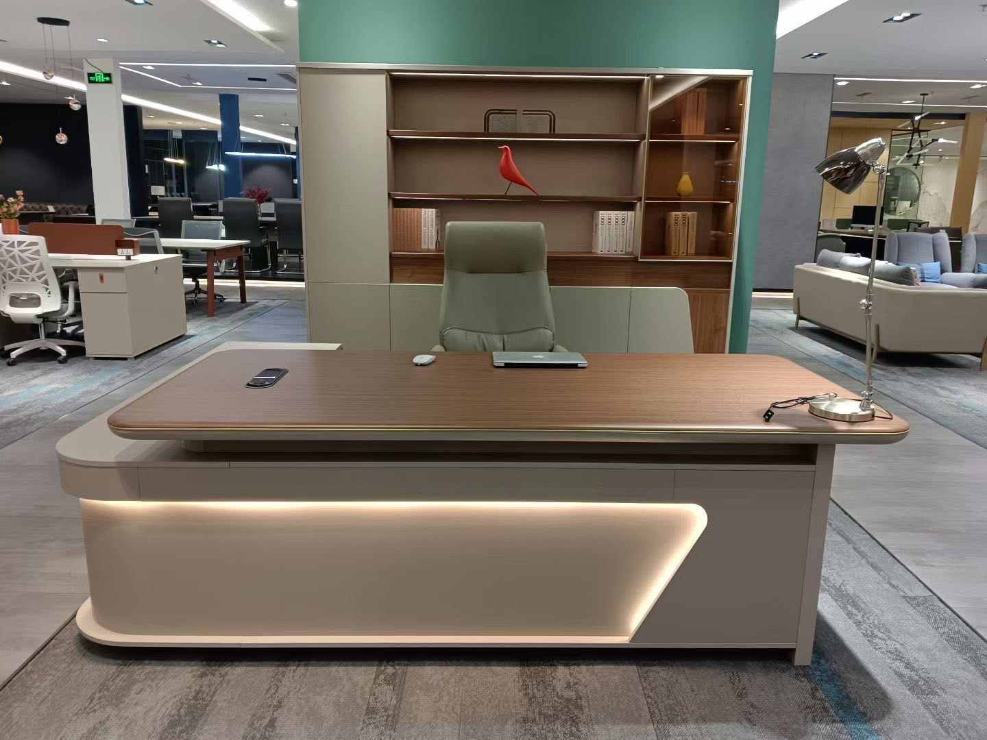 Luxury Cream and Burl Wood Executive L-Shaped Desk with LED Lighting Office Desk thumbnail 2
