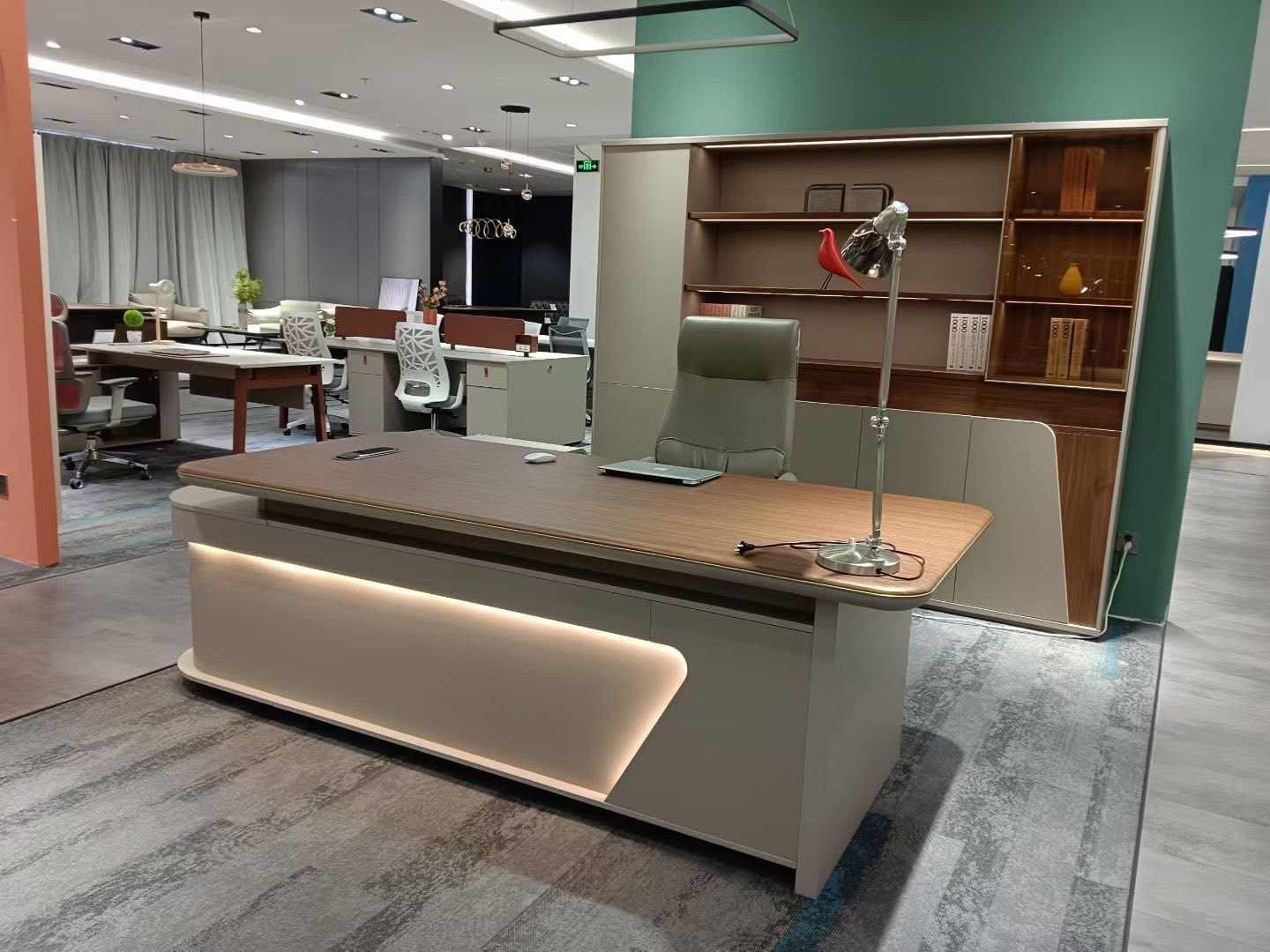 Luxury Cream and Burl Wood Executive L-Shaped Desk with LED Lighting Office Desk thumbnail 3