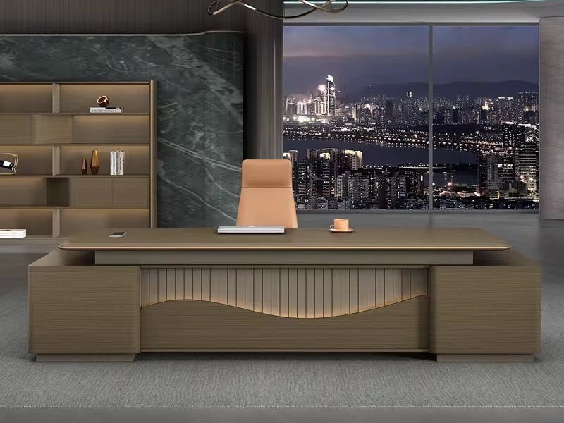 Luxury Dark Wood Executive L-Shaped Desk with Illuminated Wave Modesty Panel Office Desk thumbnail 2