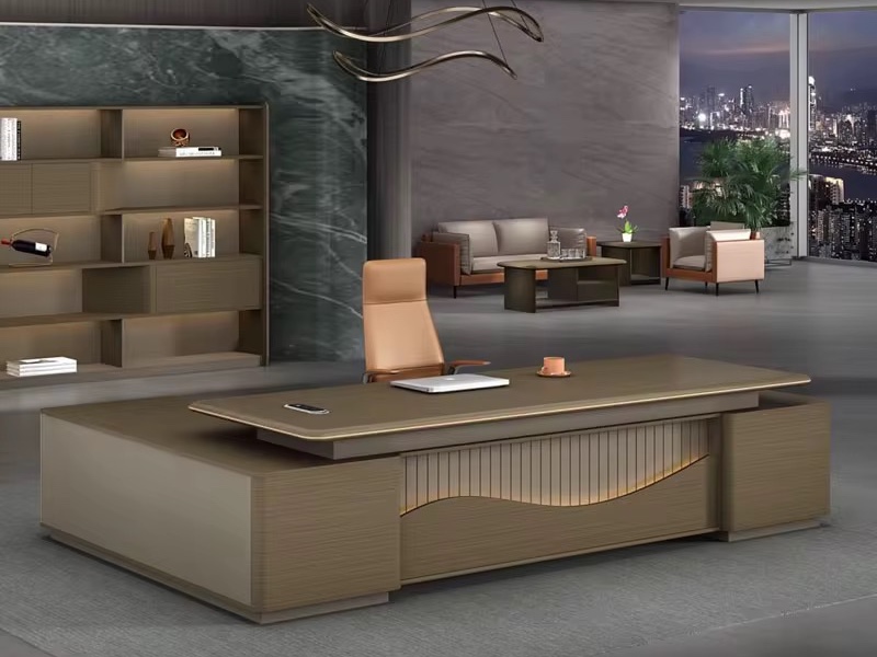 Luxury Dark Wood Executive L-Shaped Desk with Illuminated Wave Modesty Panel Office Desk thumbnail 3