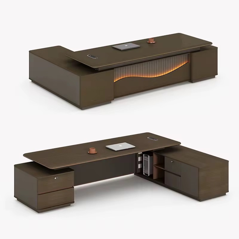 Luxury Dark Wood Executive L-Shaped Desk with Illuminated Wave Modesty Panel Office Desk thumbnail 4