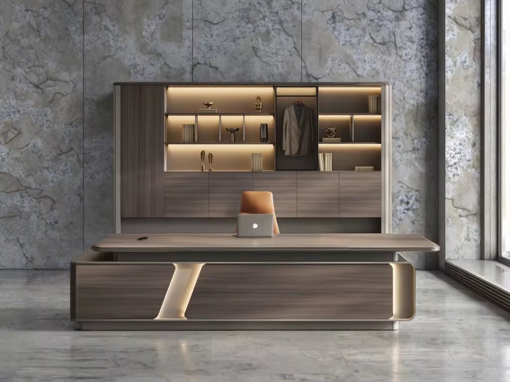 Sleek Dark Wood Executive Desk with Illuminated Curved Modesty Panel