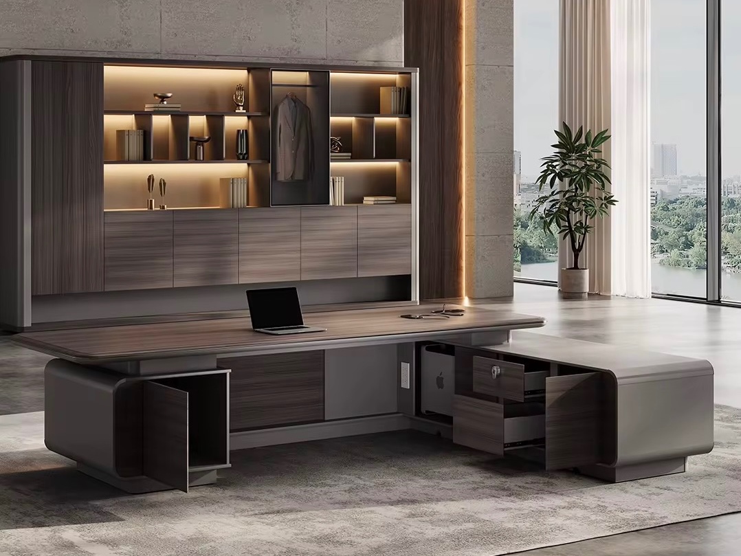 Sleek Dark Wood Executive Desk with Illuminated Curved Modesty Panel Office Desk thumbnail 2