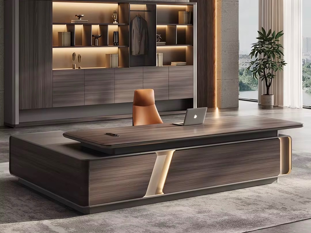 Sleek Dark Wood Executive Desk with Illuminated Curved Modesty Panel Office Desk thumbnail 3