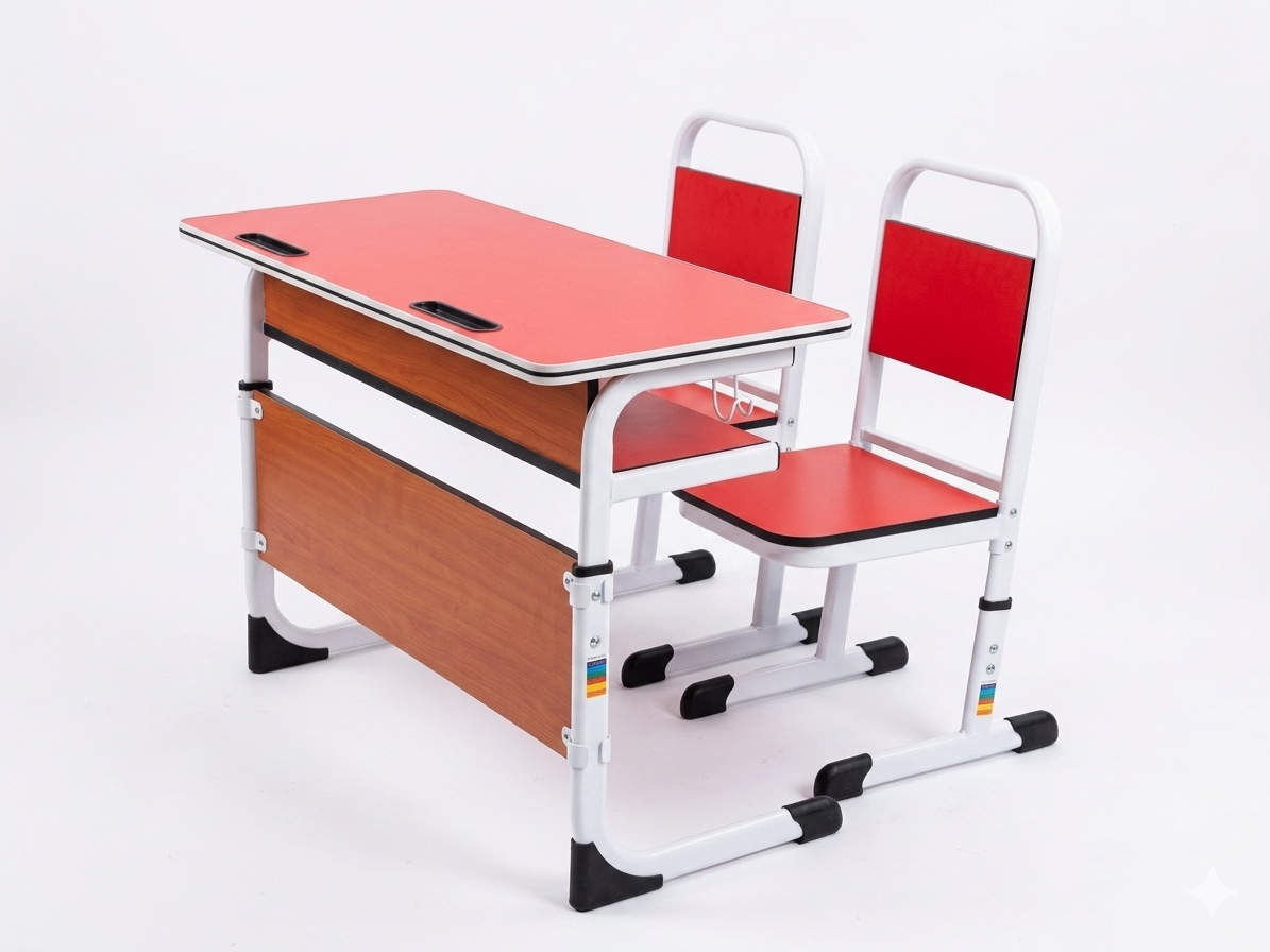 Durable Red and White Adjustable Double Student Desk and Chair Set Student Chair thumbnail 1