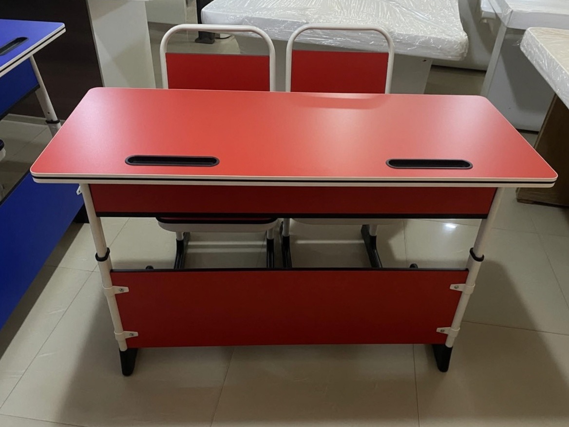 Durable Red and White Adjustable Double Student Desk and Chair Set Student Chair thumbnail 2