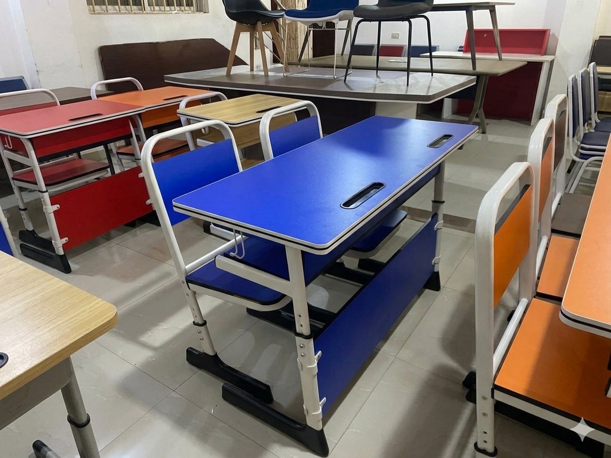 Ergonomic Adjustable Blue and White Double Student Desk with Chairs Student Chair thumbnail 2