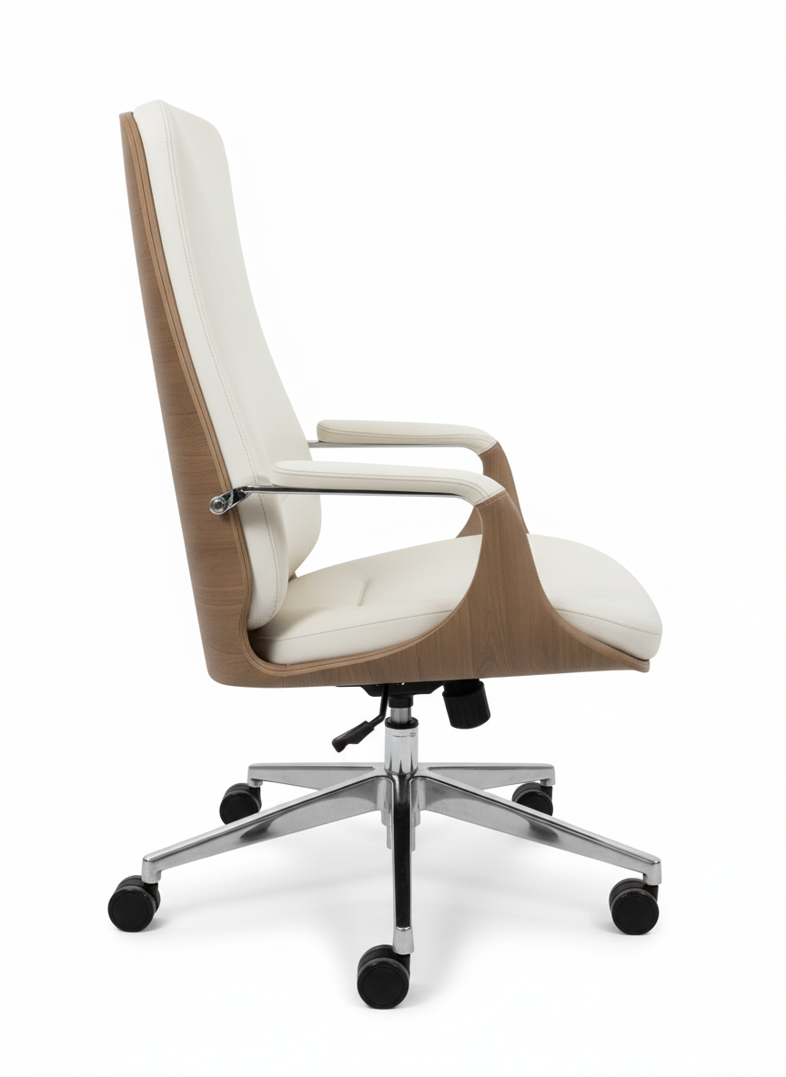 White Leather & Walnut Veneer High Back Executive Swivel Chair