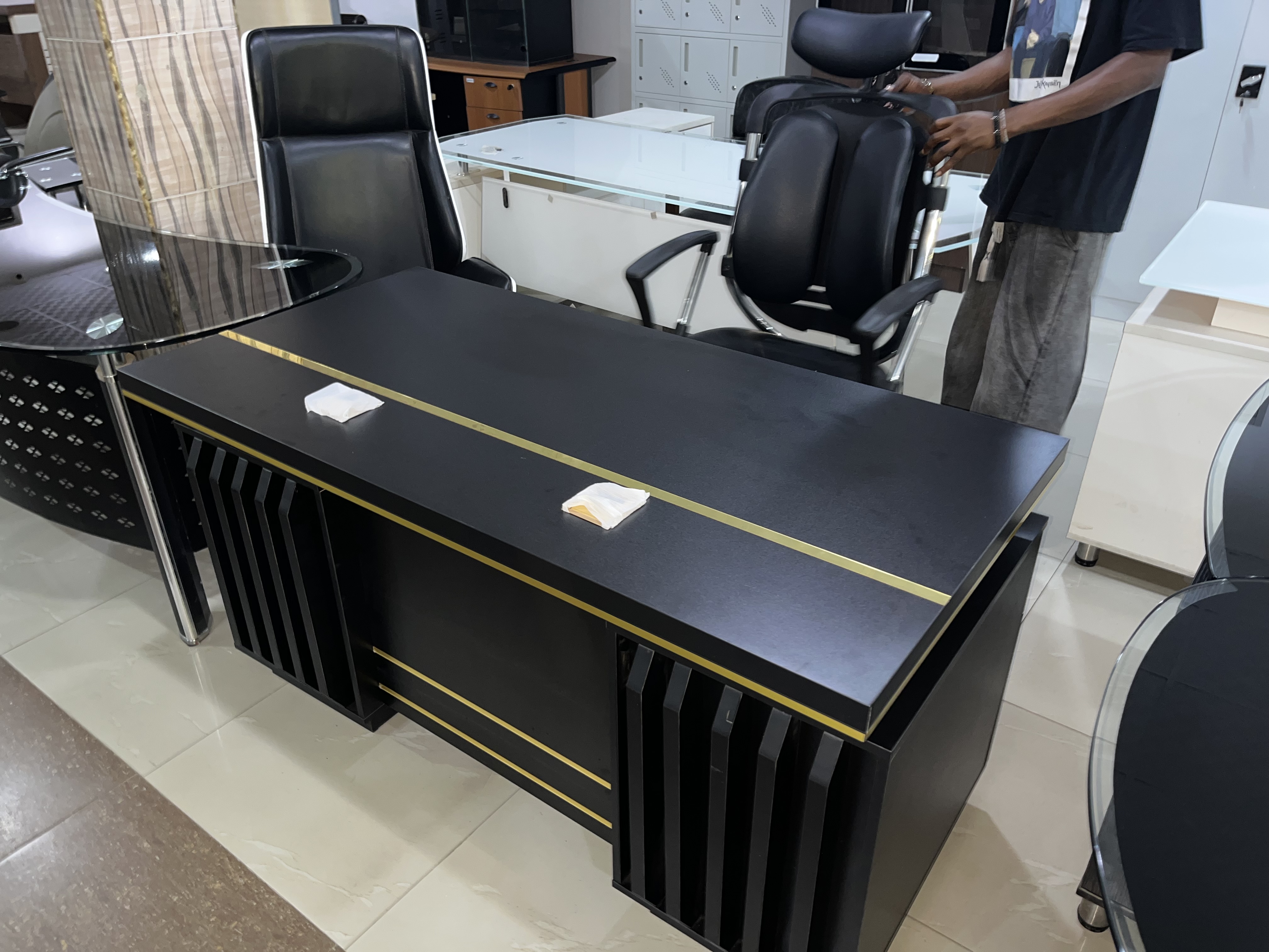 High-End Black with Gold Accent Standard Office Desk Office Desk thumbnail 1