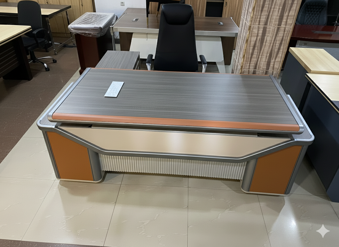 Grey Wood Grain With Silver Trim CEO Executive Desk Office Desk thumbnail 2
