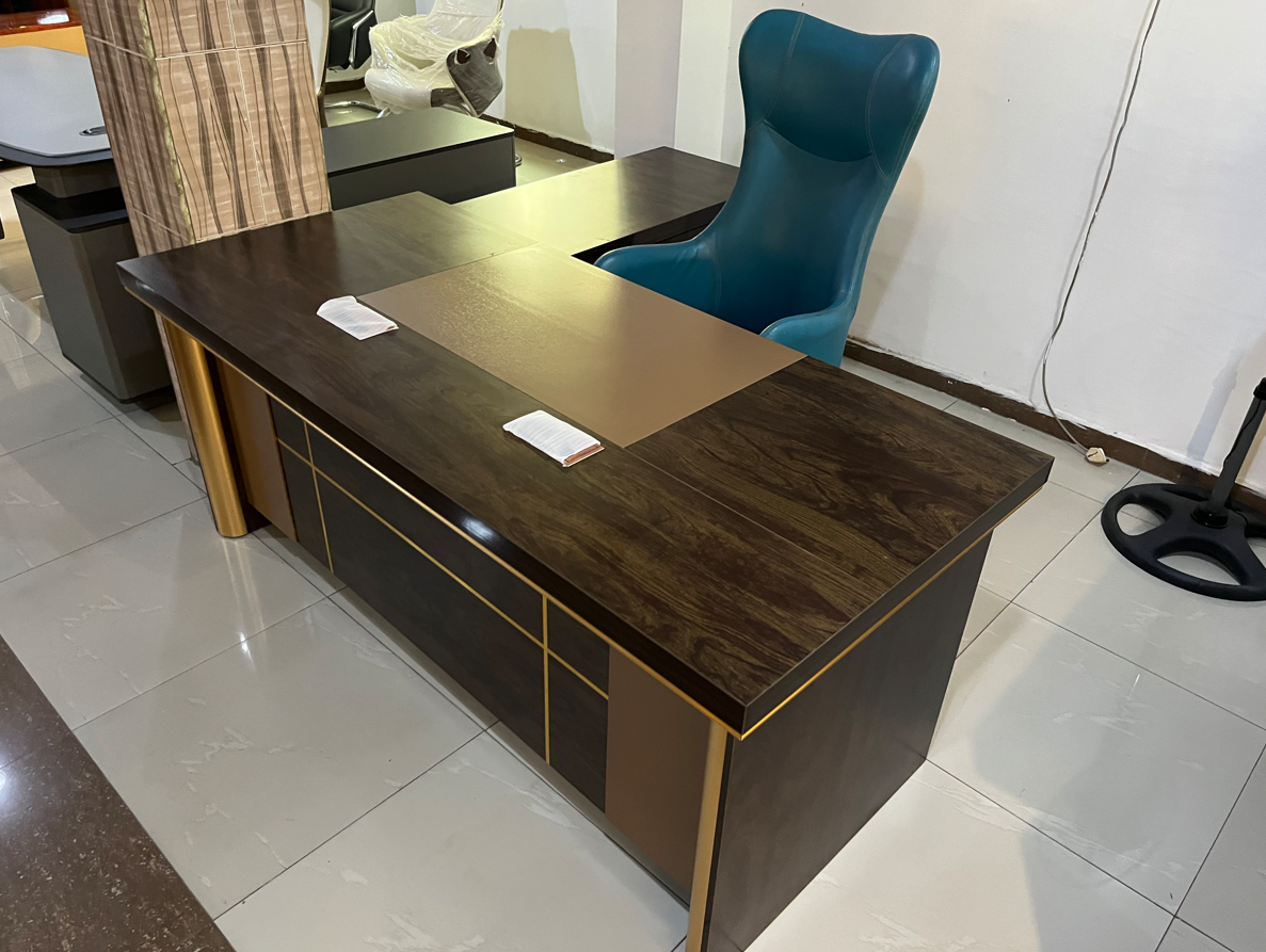 Walnut & Gold Trim Executive Office Table w/ Side Cabinet