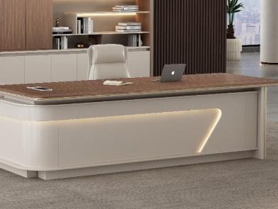 Luxury Cream and Burl Wood Executive L-Shaped Desk with LED Lighting