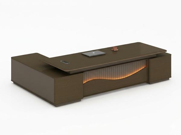 Luxury Dark Wood Executive L-Shaped Desk with Illuminated Wave Modesty Panel