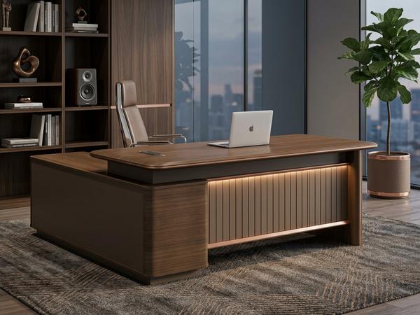 Luxury Walnut Wood Executive L-Shaped Desk with Illuminated Fluted Panel