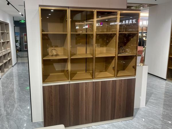 Modern Dark Wood Executive Storage Cabinet with Gold-Trimmed Glass Doors