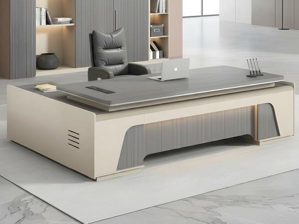 Premium Grey Wood and Cream Executive L-Shaped Desk with LED Lighting
