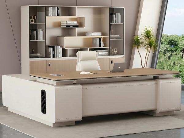 Luxury Cream and Light Wood Surface Executive Desk with Stitched Leatherette Detailing