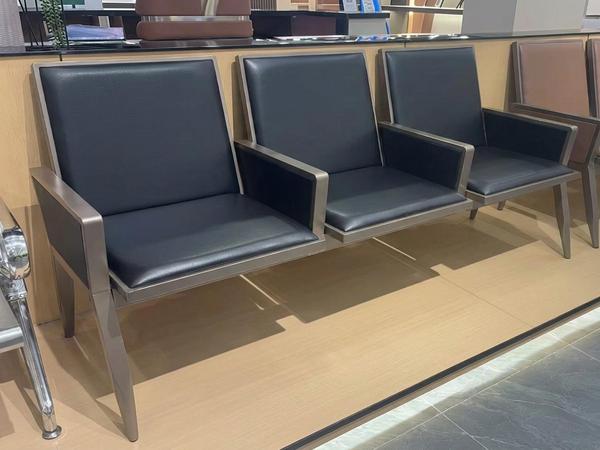 Modern 3-Seater Black Leather Waiting Room Bench with Individual Armrests