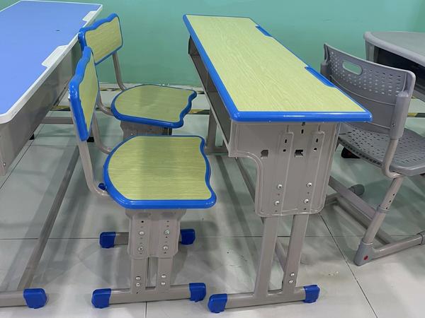 Adjustable Double Student Classroom Desk and Chair Set with Blue Trim