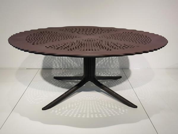 Round Brown Metal Outdoor Patio Table with Perforated Top