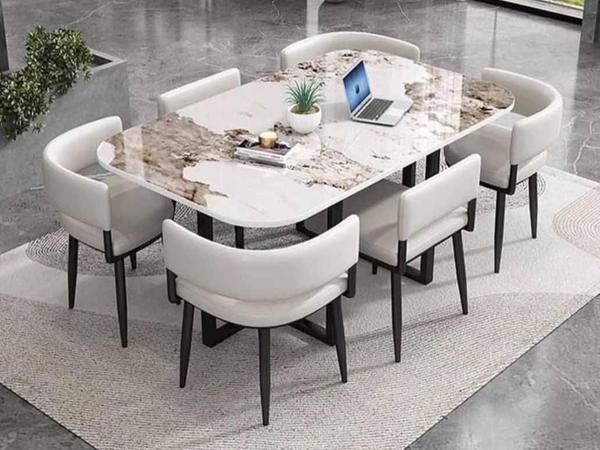 Premium Modern 7-Piece Marble Dining Set with Curved White Leather Chairs Dining Sets - Buy in Nigeria | Authentic Furniture