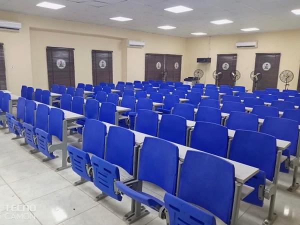 Premium Modern Fixed Lecture Hall Seating System with Blue Tip-Up Seats and Desk Student Chair - Buy in Nigeria | Authentic Furniture